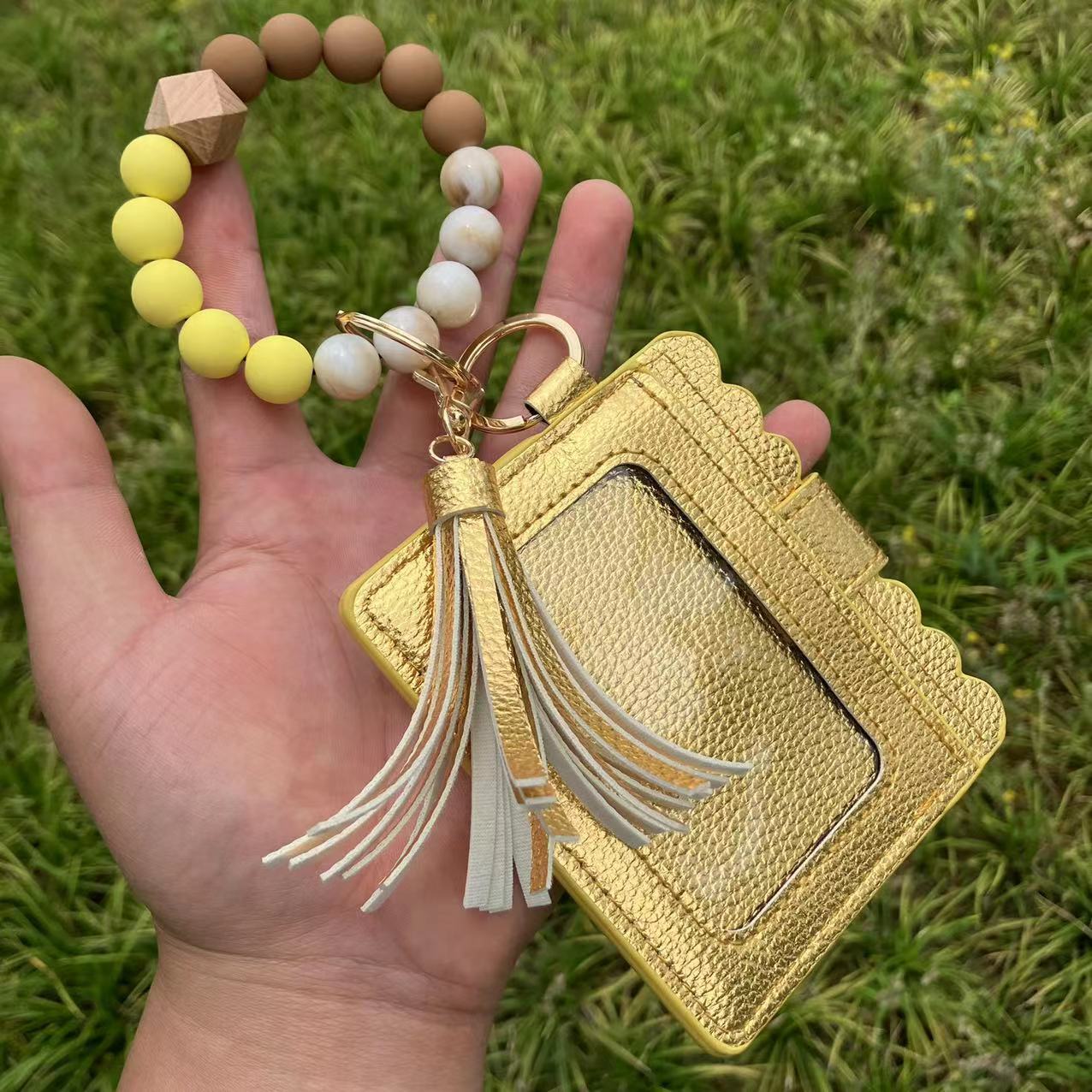 Wholesale Card Holder Pu Tassel Beads Bracelet Wallet Keychain